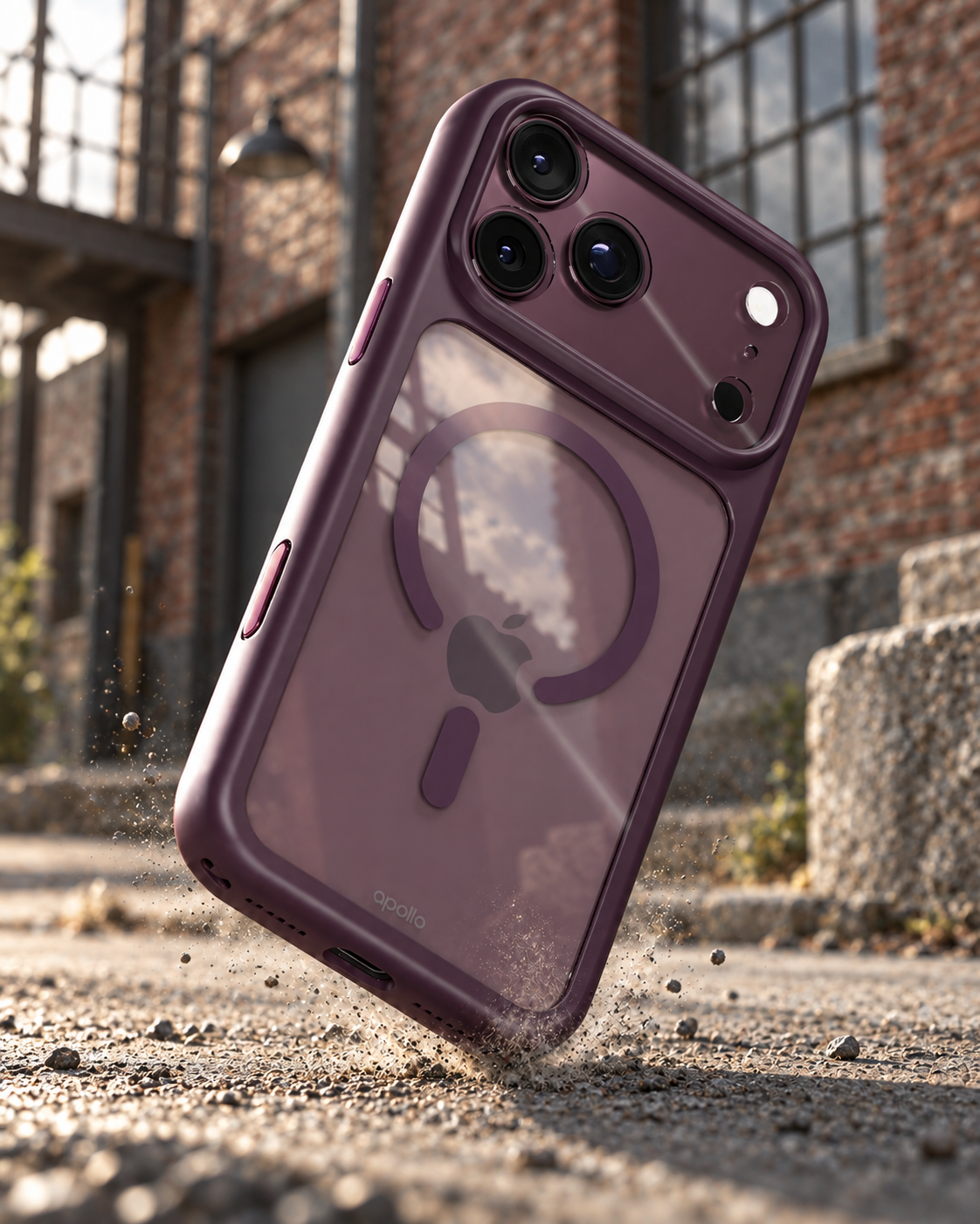 Burgundy Apollo Armor 2 case in an urban setting