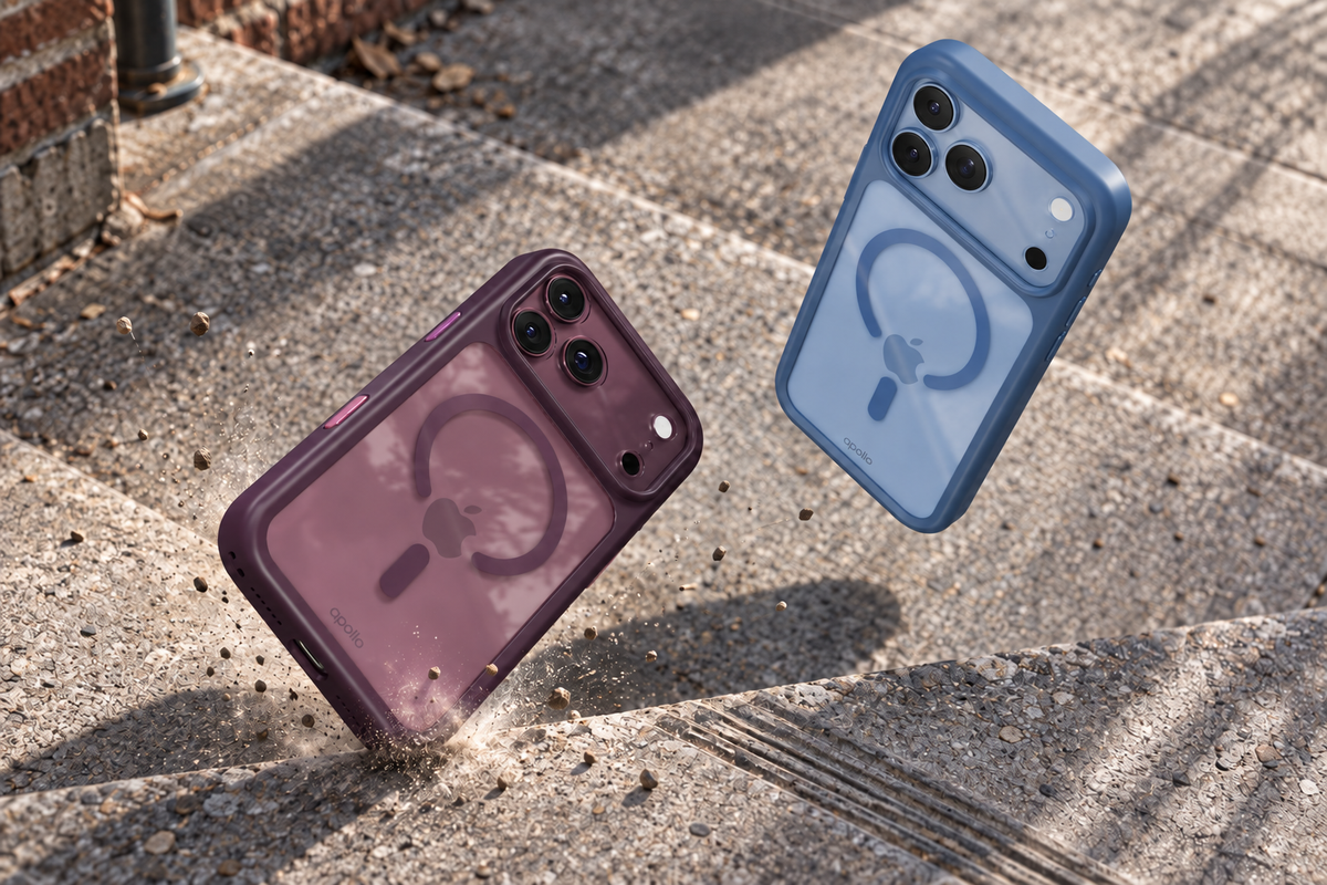 Apollo Armor 2 cases in burgundy and blue above stone steps