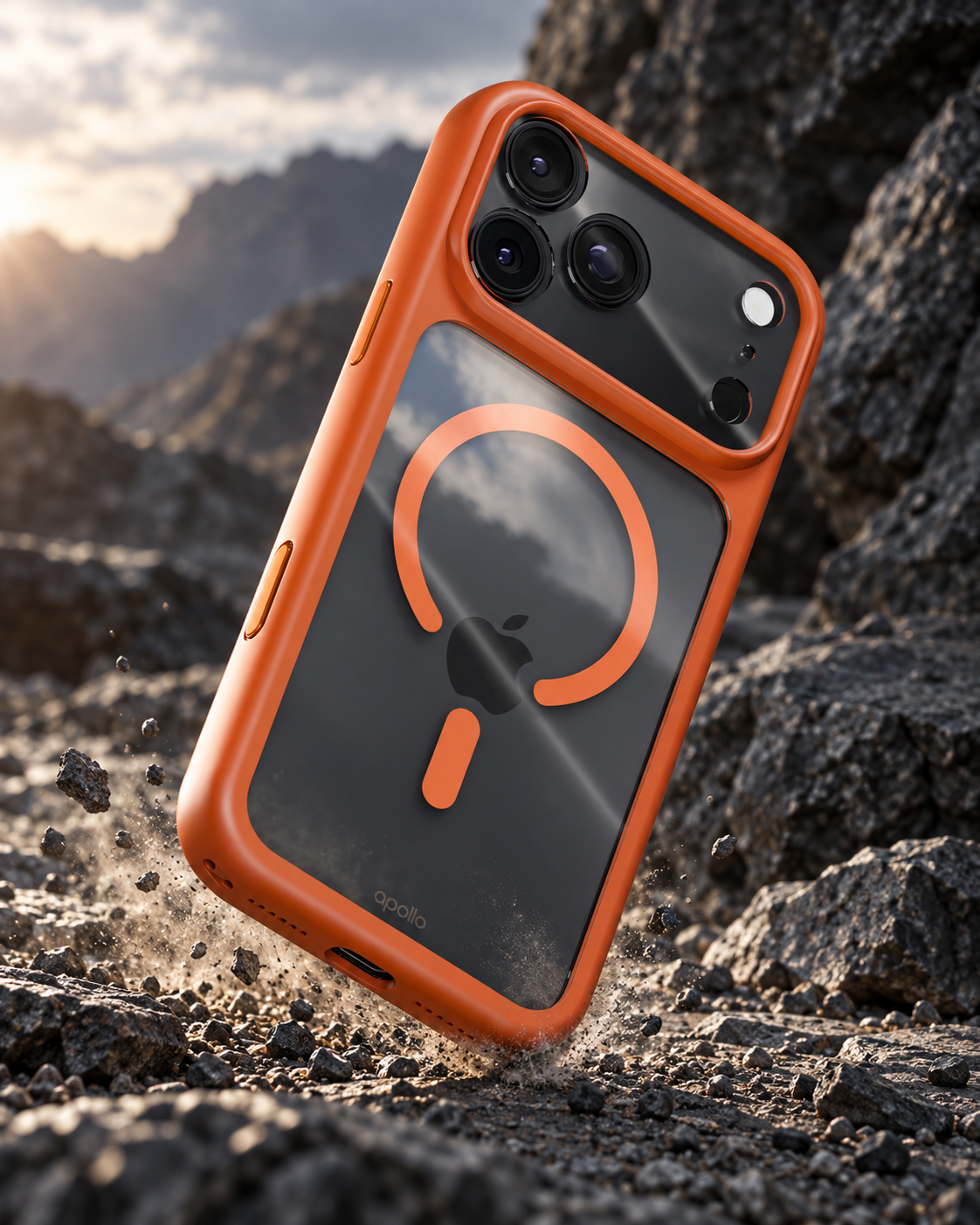 Orange Apollo Armor 2 case with a black phone in a rocky landscape